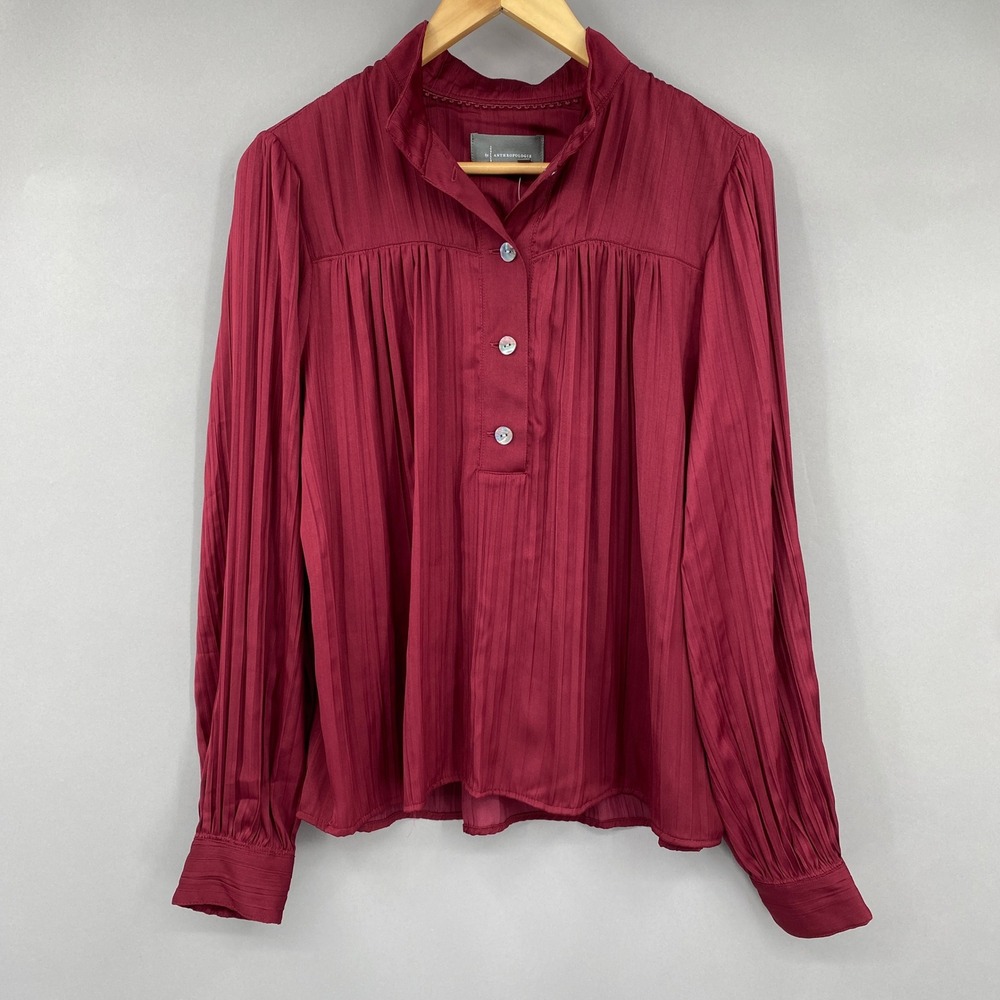 Anthropologie Pleated Ruffle Neck Blouse Womens Small Raspberry Red Balloon Slv